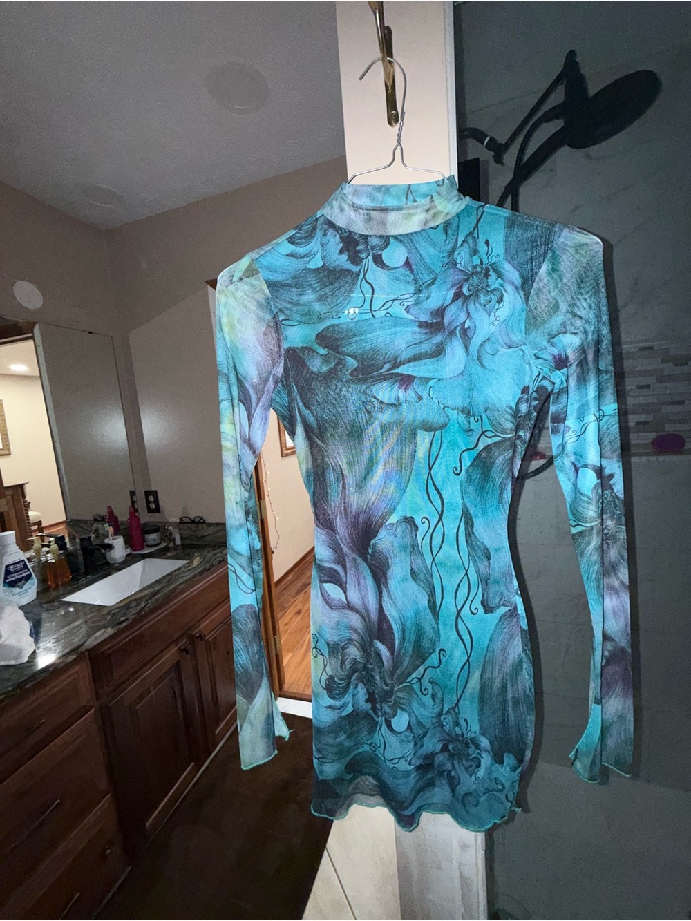 Windsor Teal & Aqua Floral Mesh Long-Sleeve Mock Neck Dress